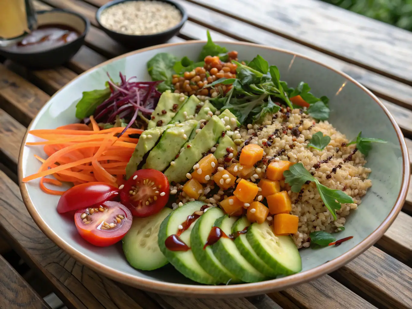A vibrant close-up shot of a vegan bowl filled with colorful vegetables, tofu, and a drizzle of homemade sauce, highlighting the freshness and variety of vegan options available at Stadtsalat.
