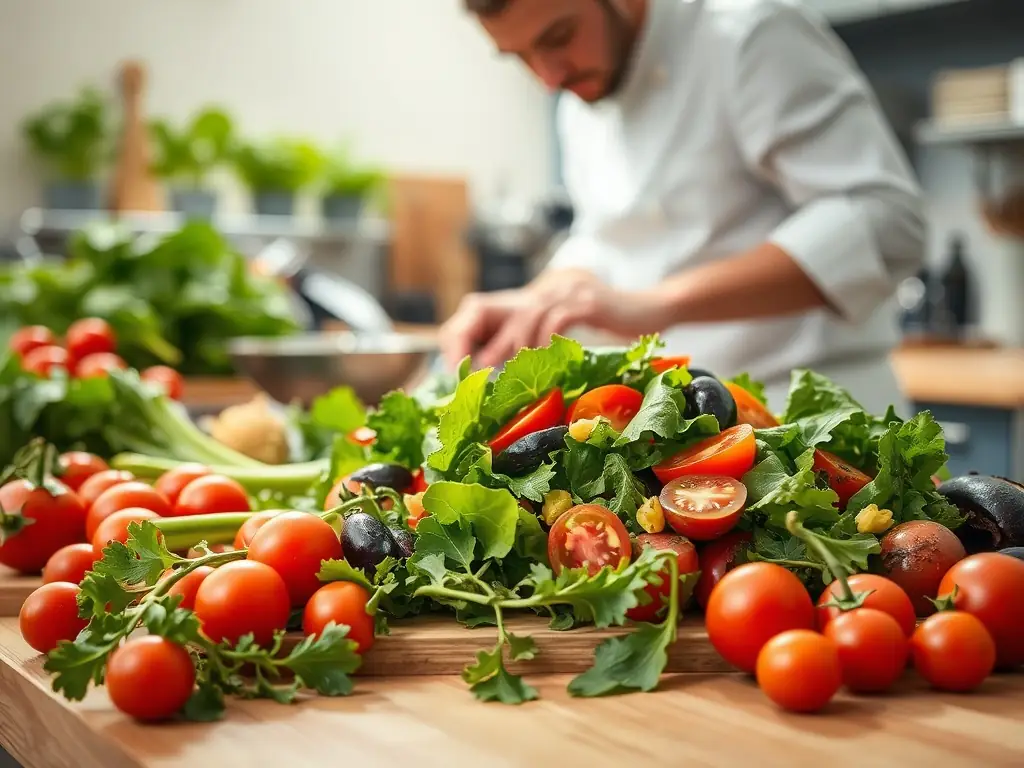An image showing a customer customizing their own salad bowl at a STADTSALAT counter, selecting from a variety of fresh vegetables, proteins, and grains. The background shows other customers and staff in a bright, modern setting.
