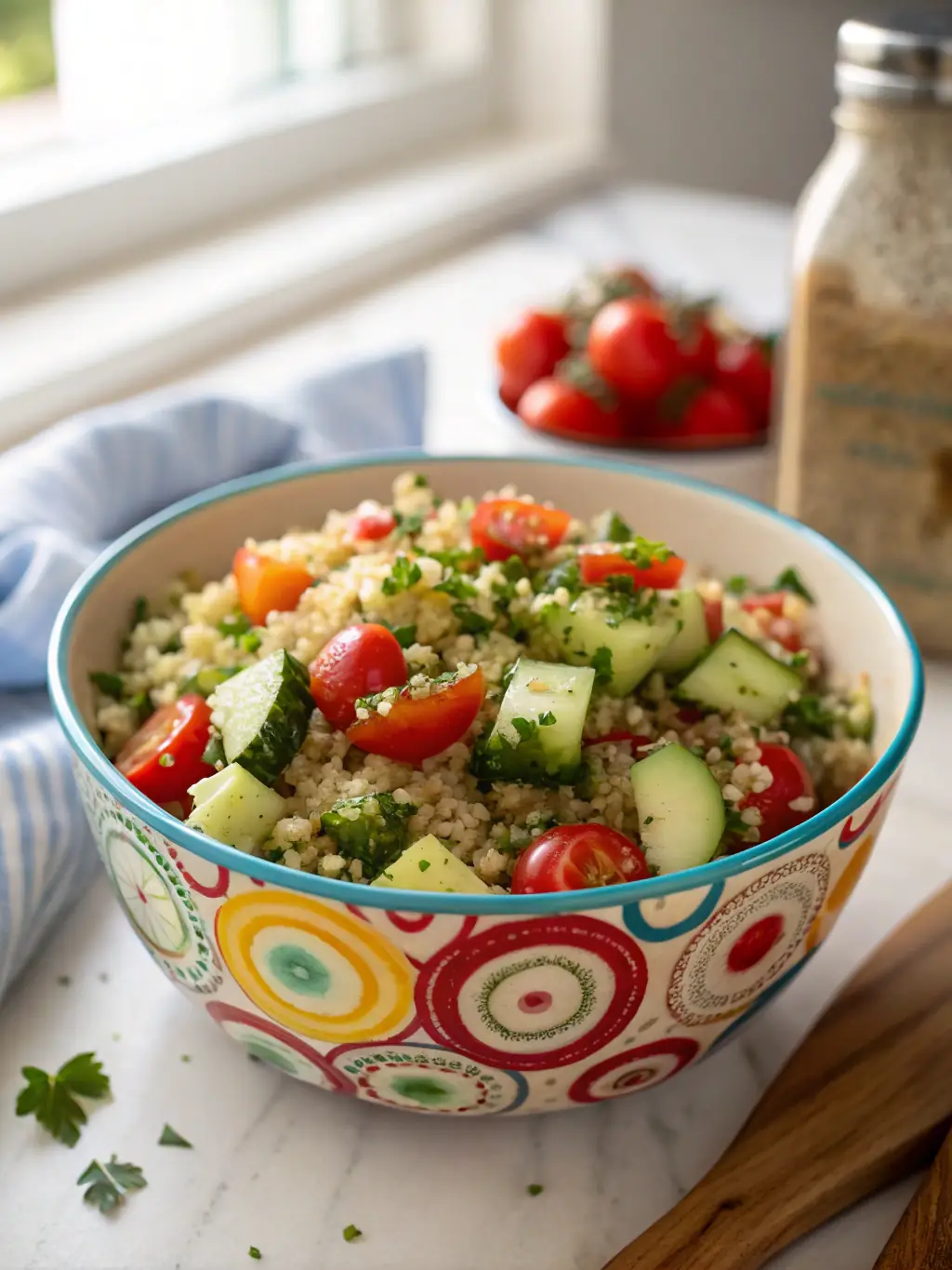 A vibrant image of the 'Super Green' bowl, showcasing fresh spinach, avocado, quinoa, and a light vinaigrette dressing, highlighting its healthy and refreshing qualities.