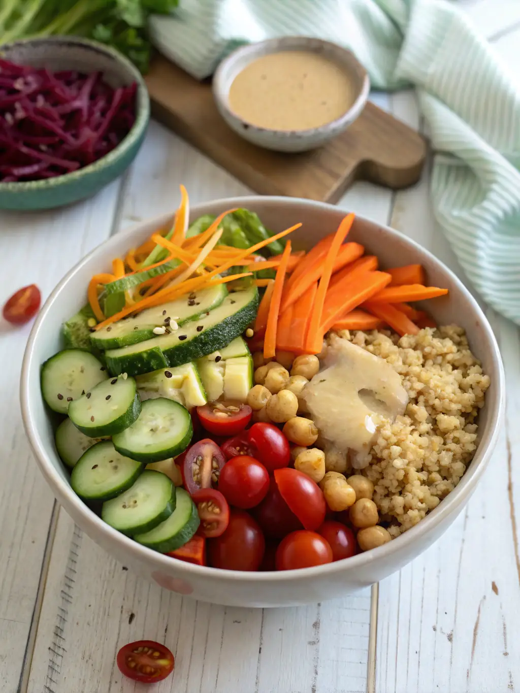 A visually appealing image of the 'Vegan Powerhouse' bowl, showcasing a variety of plant-based proteins, such as tofu, lentils, and chickpeas, along with colorful vegetables and a tahini dressing, emphasizing its nutritional value and vegan-friendly ingredients.