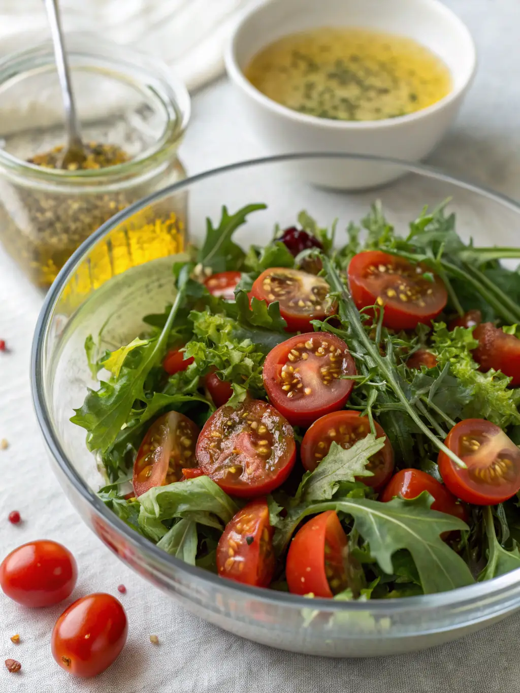 An appetizing image of the 'Mediterranean Delight' salad, featuring mixed greens, feta cheese, olives, tomatoes, cucumbers, and a lemon-herb dressing, emphasizing its fresh and flavorful ingredients.