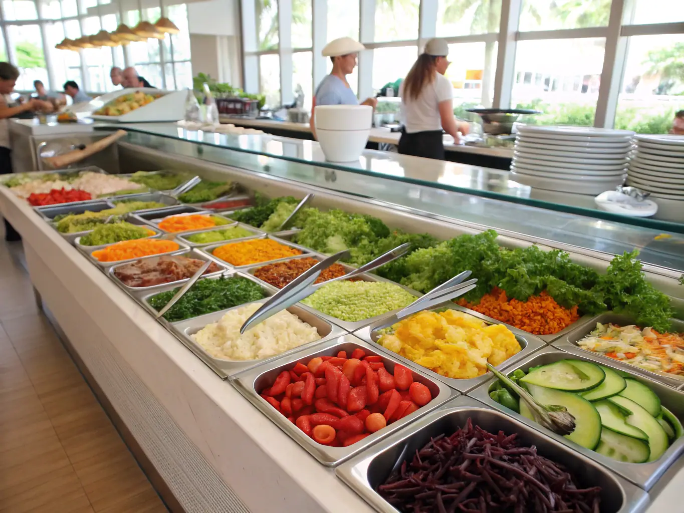 A customer creating their own bowl at a Stadtsalat counter, selecting from a variety of fresh vegetables, proteins, grains, and sauces, emphasizing the customizable options available.