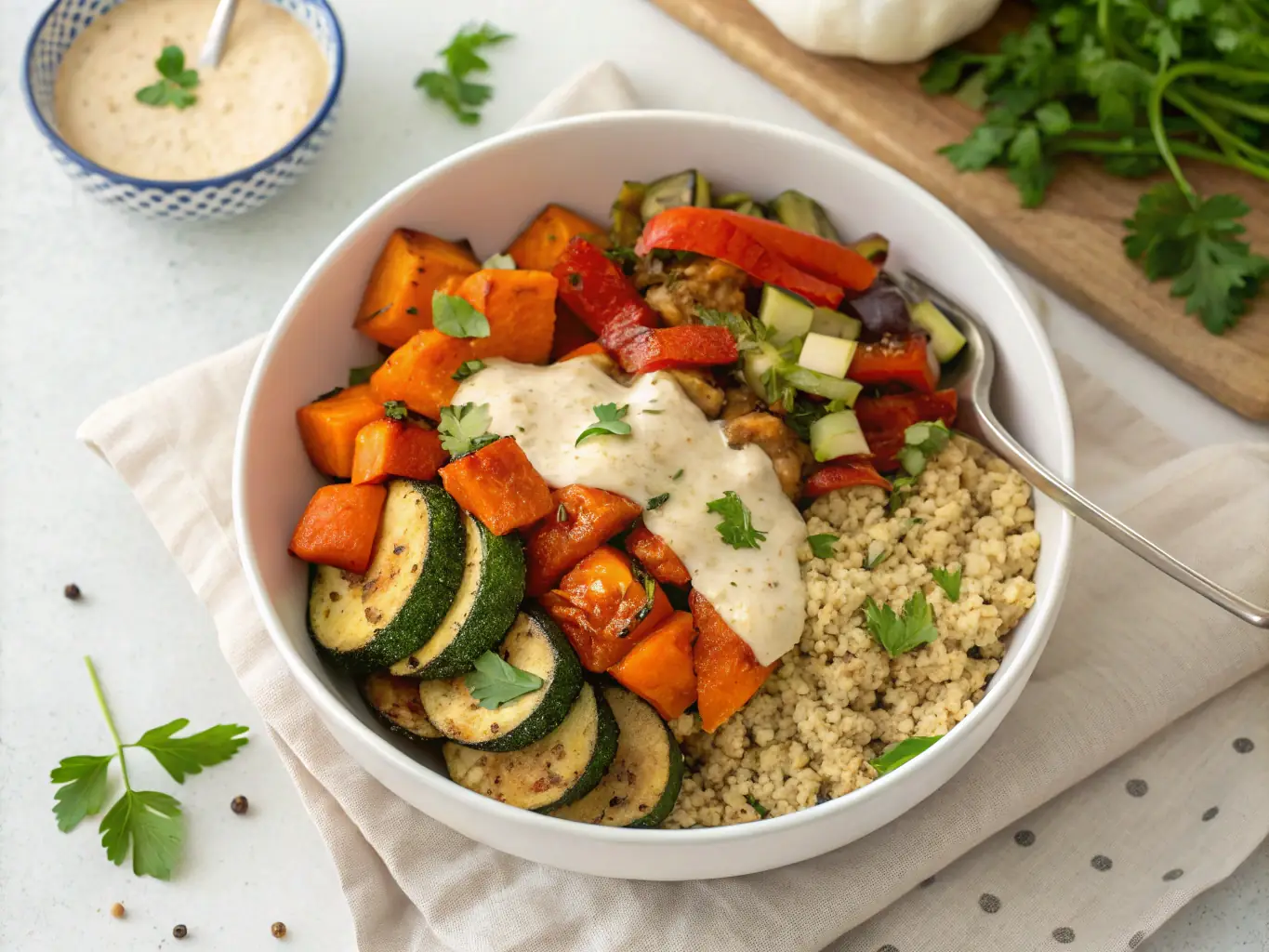 A beautifully arranged vegan bowl featuring quinoa, roasted vegetables, avocado, and a tahini dressing. The bowl is placed on a clean white surface with minimalist styling to emphasize the natural ingredients.