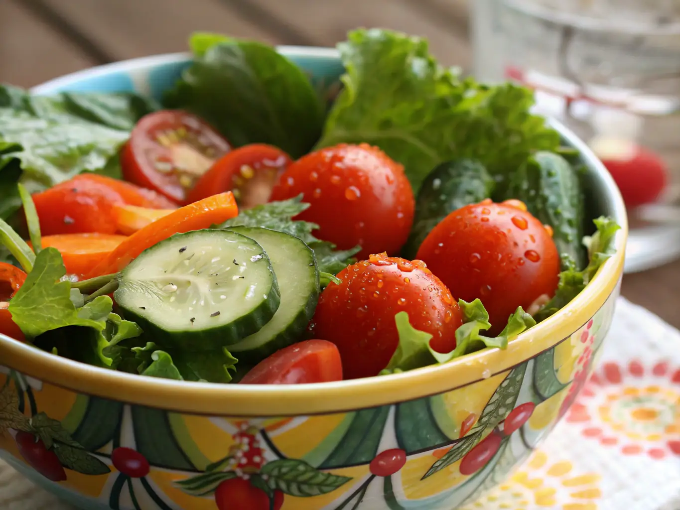 A close-up shot of a vibrant signature bowl, showcasing fresh greens, colorful vegetables, grilled chicken, and a drizzle of homemade dressing. The bowl is presented on a rustic wooden table with natural light enhancing the colors.